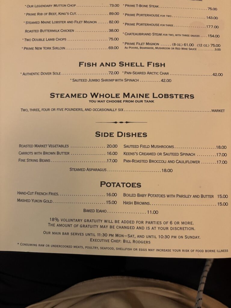 Keens Steakhouse Menu 1