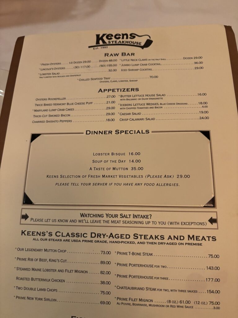 Keens Steakhouse Menu 2