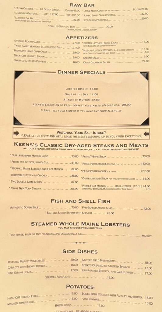 Keens Steakhouse Menu 7